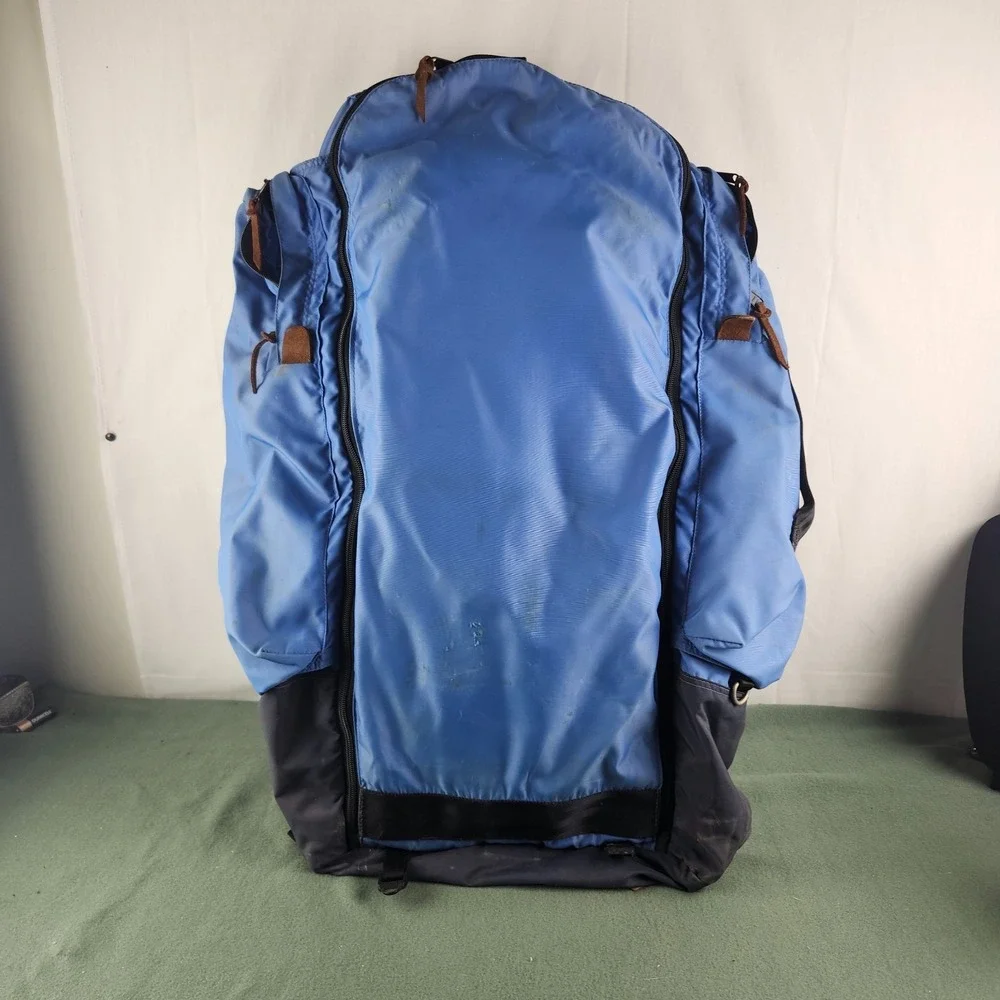 Vtg‎ WILDERNESS EXPERIENCE Blue Canvas Leather Backpack Internal Frame USA